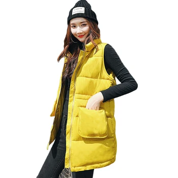 

Women Winter Vest Loose Long Waistcoat Elegant Stand Collar Sleeveless Thick Warm Clothing Solid Big Pockets Cotton Vests CM870