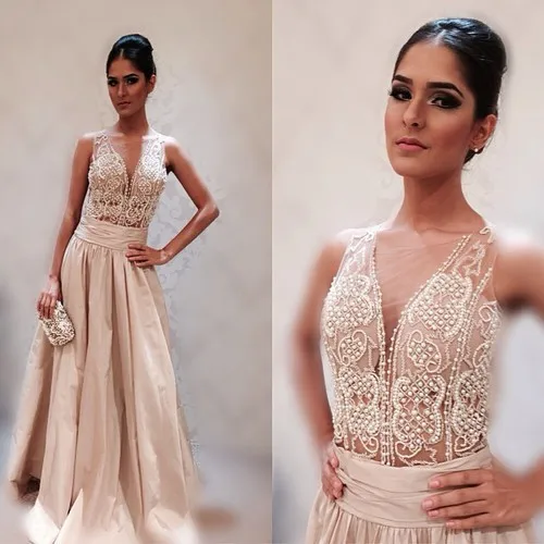  Vestido De Festa Longo Elegant Evening Dresses 2016 Jewel Neck Crystal Beaded Sheer Bodice Sexy Prom Formal Long Party Dresses 