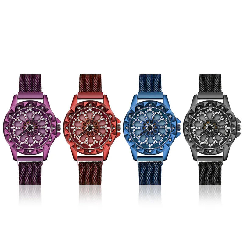 

2019 Popular Diamond Dial Rotation Magnetic Attraction Wrist Watch Steel Strap Quartz Watches Beautiful Woman's Jewelry Watch