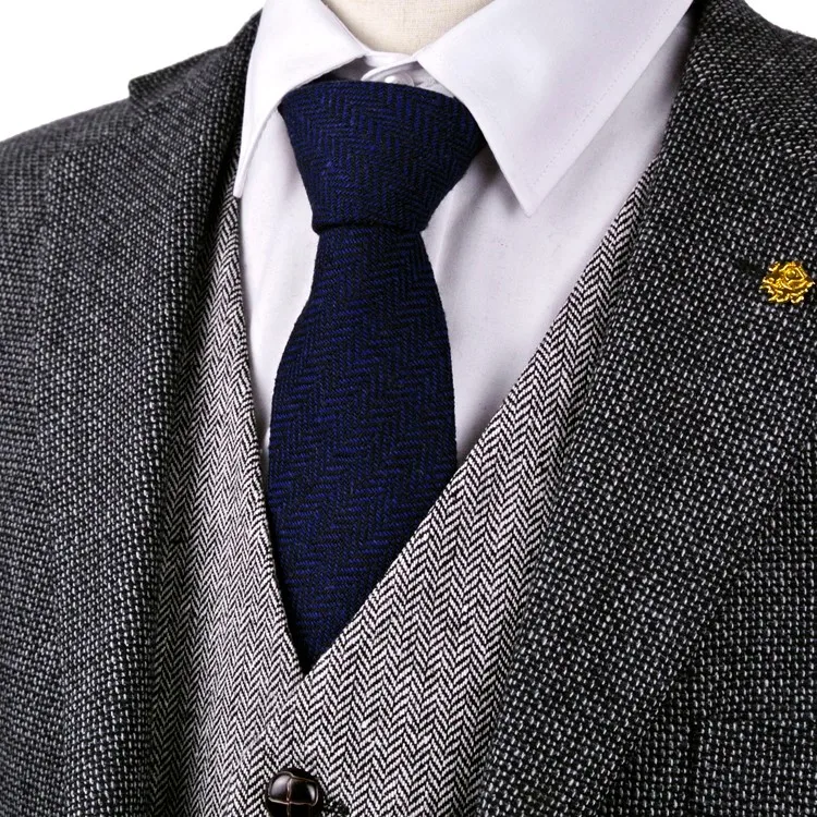Бесплатная доставка H42 елочка твид сплошной темно синий 7 см шерсть Мужские галстуки оптовая продажа повседневное формальные бизнес