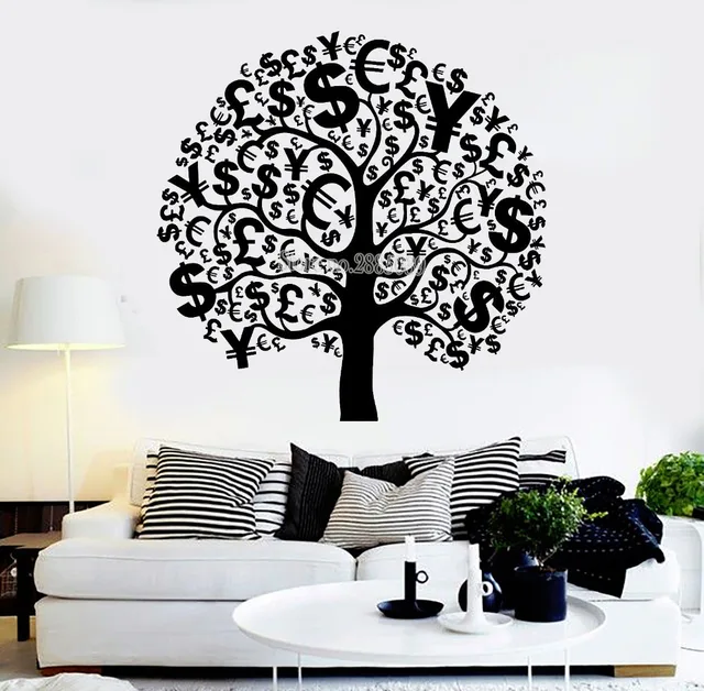 vinyl wall decals money tree various currencies symbol sticker art