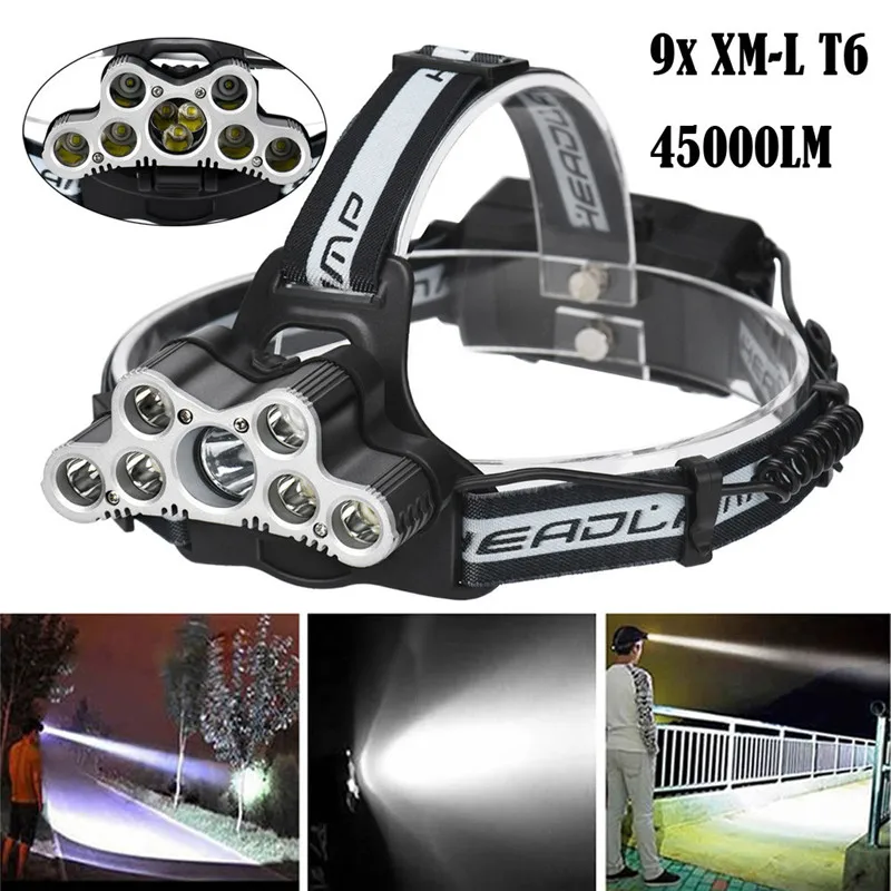 

2018 New 45000 LM 9X XM-L T6 LED Rechargeable lamp Headlight Travel Head Torch