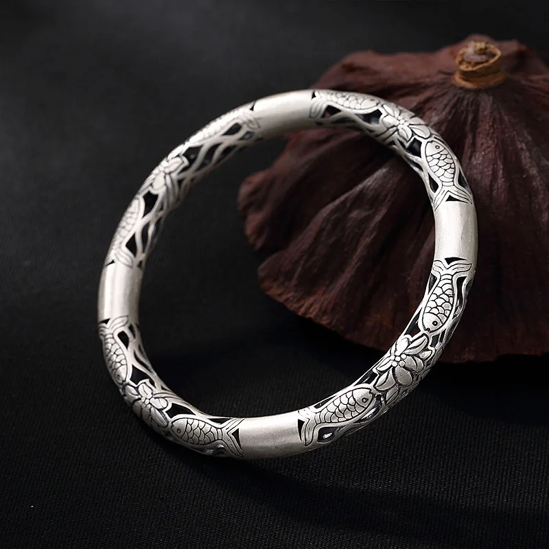 

Real 990 Sterling Silver Jewelry Vintage Hollow Bangles Fish Plays Lotus Luck Bracelets Bangles for Women Armbanden Voor Vrouwen