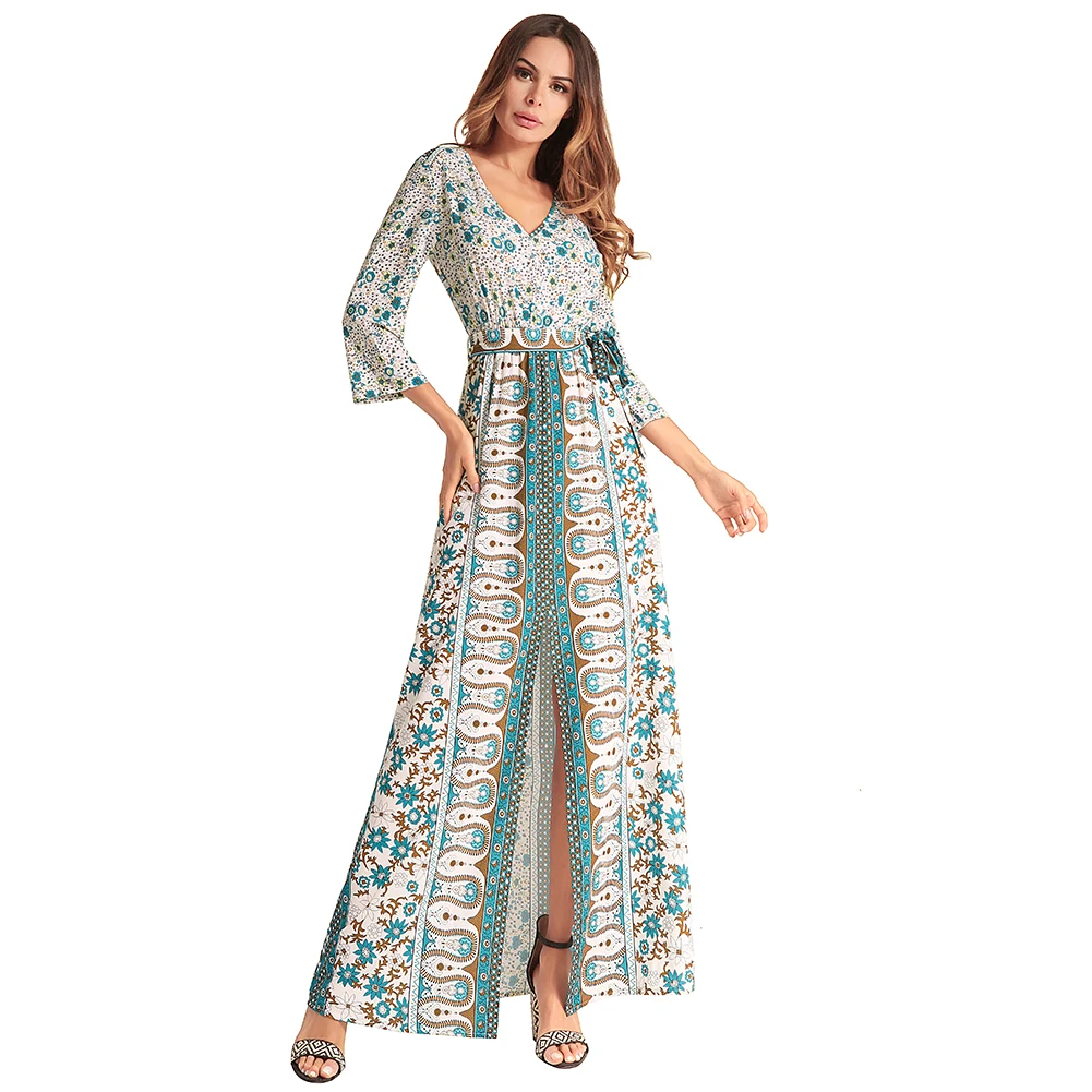 Buy Vintage Women Maxi Long Dress Geometric Print Split Three Quarter Sleeves V