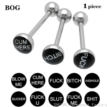 

BOG-1PC 316l Surgical Steel With Epoxy Logo Dome Top Bad Dirty Word Logo Tongue Barbell Stud Piercing Rings Body Jewelry