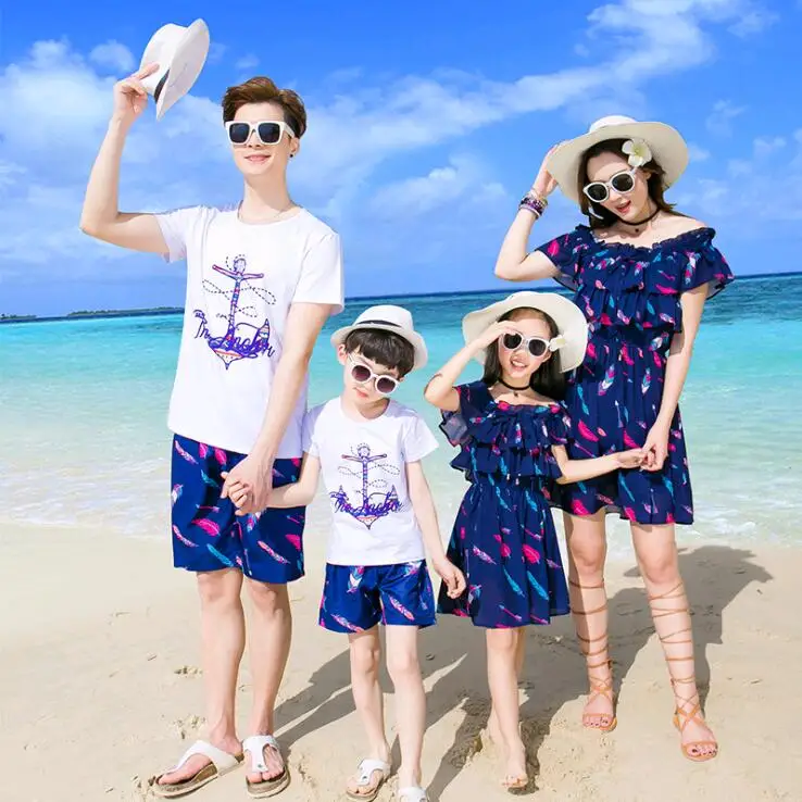 

Beach Family Matching Outfits Mother and Daughter Chiffon Dresses Father Son Clothing Sets Mommy and Me Clothes Family Look ML