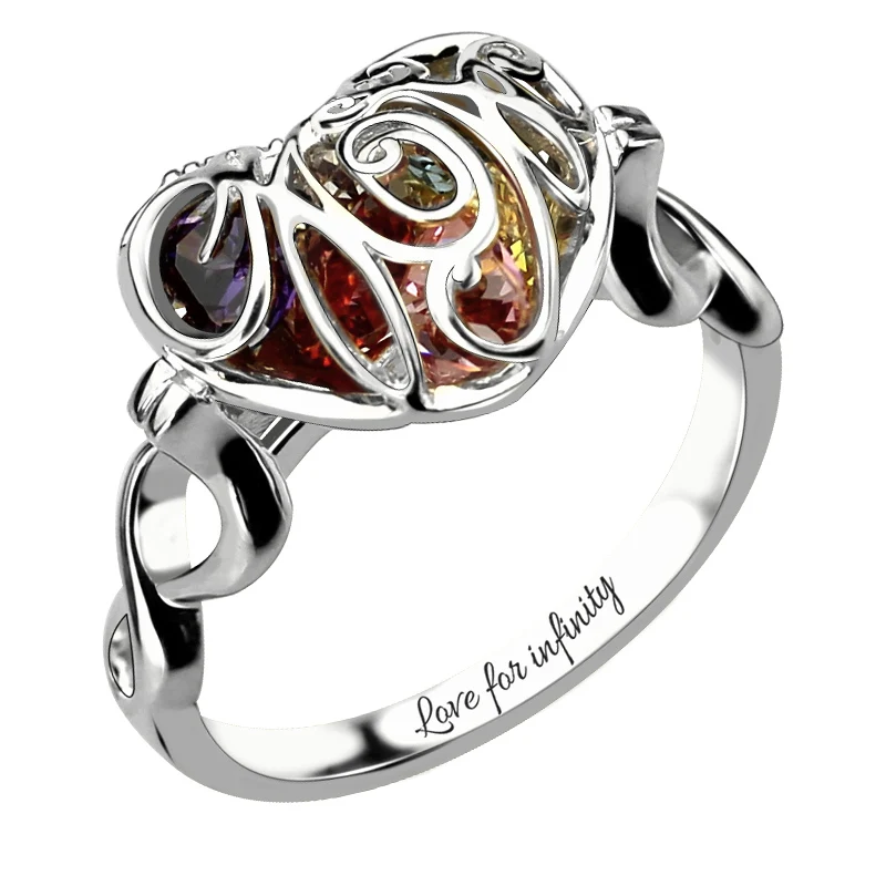 Wholesale Caged Heart Mother's Birthstone Ring Engraved Sterling Silver