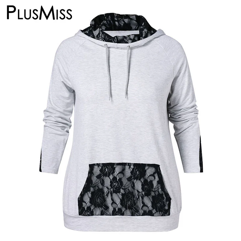 PlusMiss Plus Size 5XL L Floral Lace Grey Hoodies Women Oversized