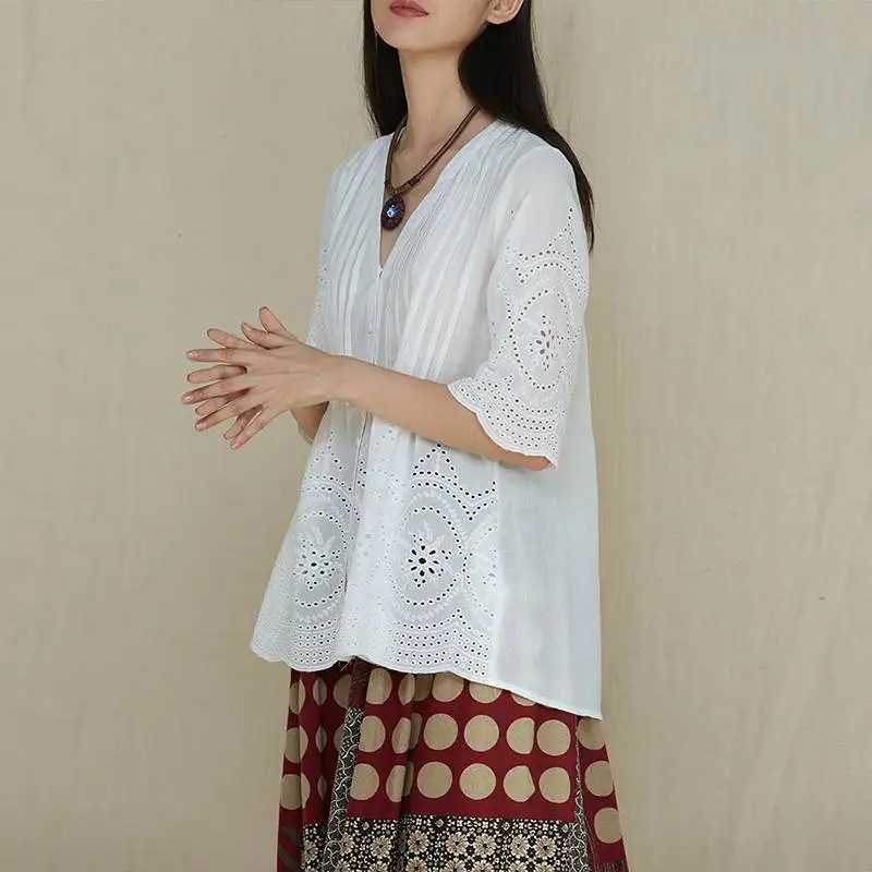 Summer Women Cotton Linen Blouse Elegant Embroidery Hollow Blusas Female V Neck Button Shirts Pleated Tunic Top Plus Size