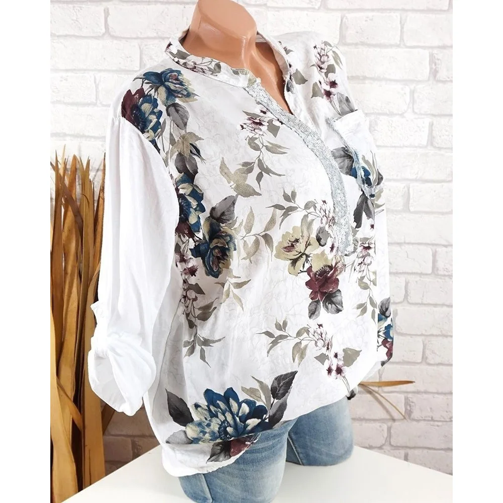 women fashion Long sleeve V-neck print casual shirt Vintage button top Tops