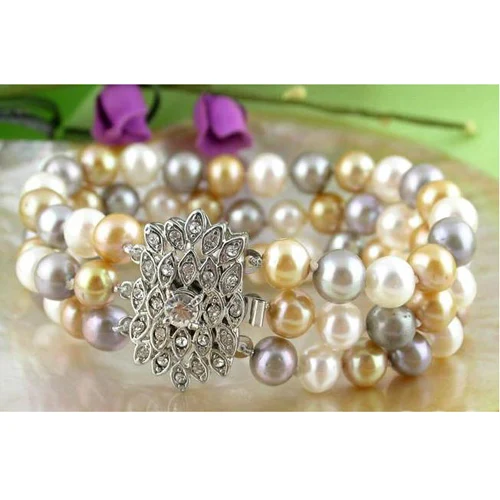 

Perfect Women Birthday,Chirstmas Gift Pearl Bracelet,3Row 8-9mm White Gray Round Champagne Freshwater Pearl Bracelet Bangle