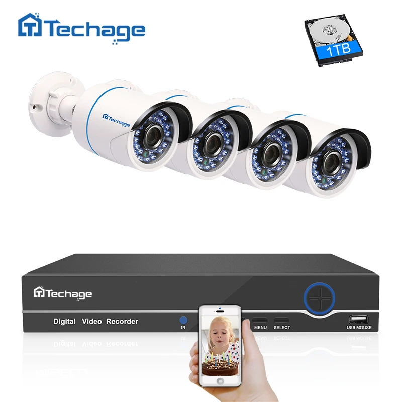 Techage P 4CH 1080 POE CCTV системы NVR комплект ИК Ночное Видение 2MP Крытый открытый