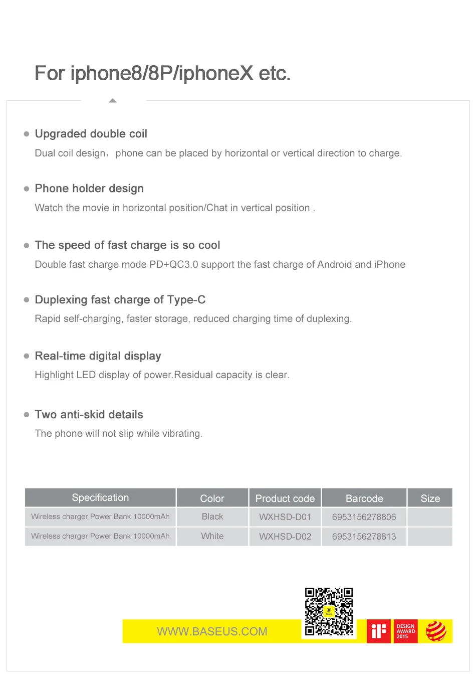 Baseus 10000 мАч QI Беспроводное зарядное устройство банка мощности для iPhone samsung PD+ QC3.0 Быстрая зарядка USB внешний аккумулятор