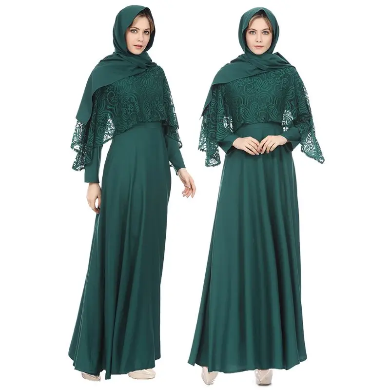 

Womens Muslim Kaftan Long Sleeve Floral Lace Patchwork Maxi Long Robe Pencil Dress Solid Color Middle East Arab Islamic Abaya
