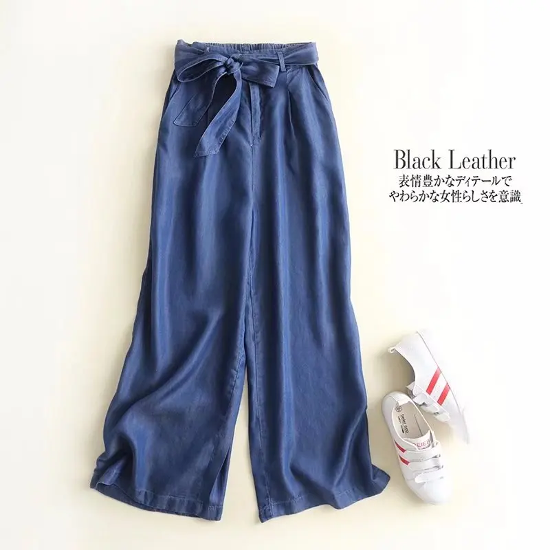 Tecel/джинсовые широкие брюки с поясом и бантом; голубые джинсы; свободные брюки палаццо с эластичной резинкой на талии; повседневные весенние брюки; Летние - Цвет: Синий