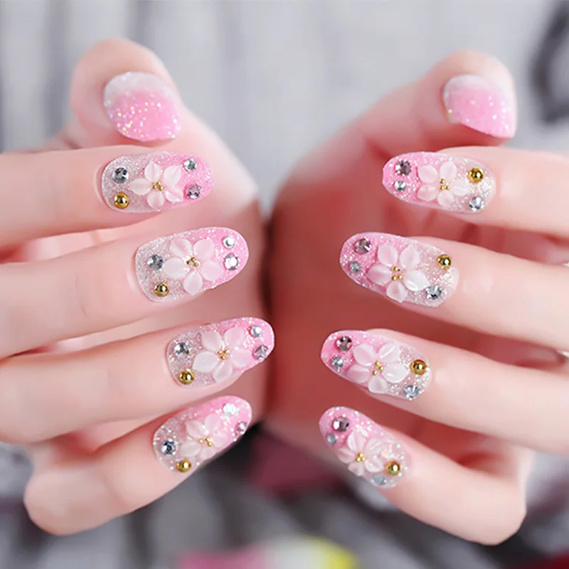 

DIY Full Cover Nail Art Tips with Glue Girls Sweet Pink Color Flower Design False Nail Bridal Wedding Beauty Fake Nails 24pcs