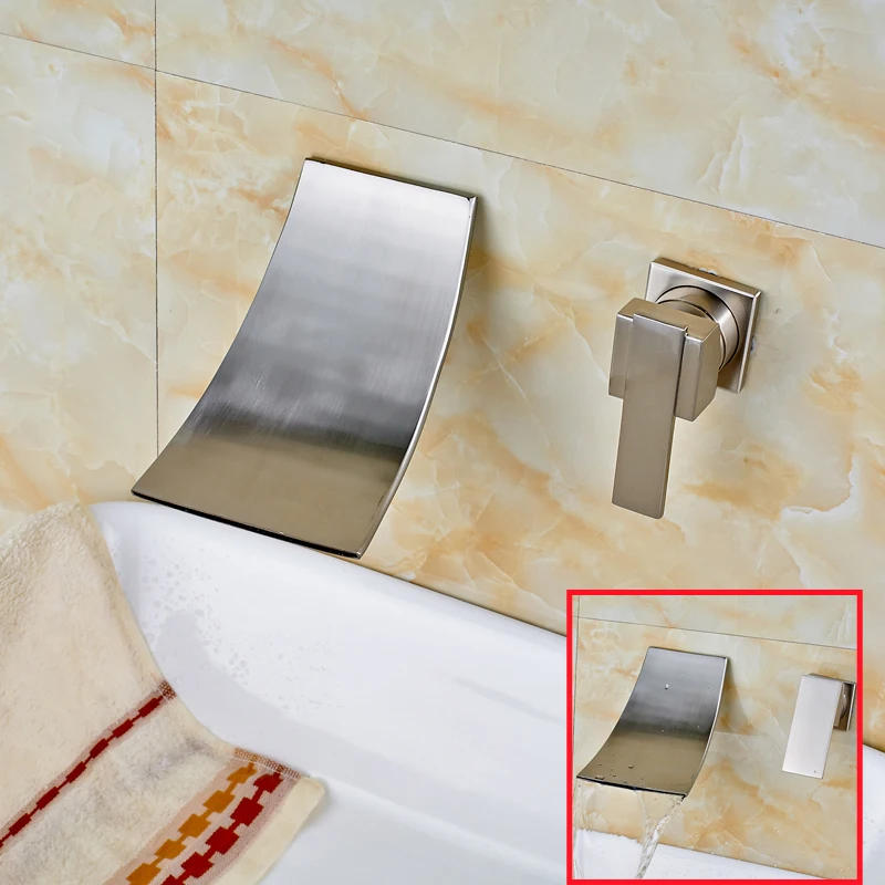 Brushed Nickel Dual Hole Single Handle Waterfall Basin Faucet Wall Mounted Lavatory Sink Mixers