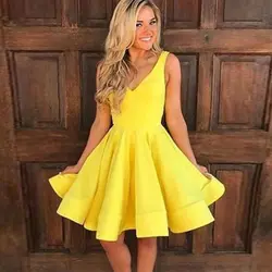 Простые желтые короткие коктейльные платья с v-образным вырезом, рукава, сатиновая юбка миди, выпускное торжественное вечернее платье