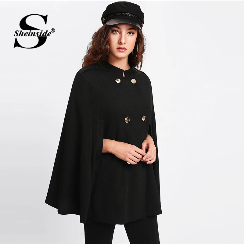 

Sheinside Black Autumn Coats And Jackets Women Clothes Double Breasted Cape Coat 2018 Cloak Sleeve Ladies Outerwear Long Coat