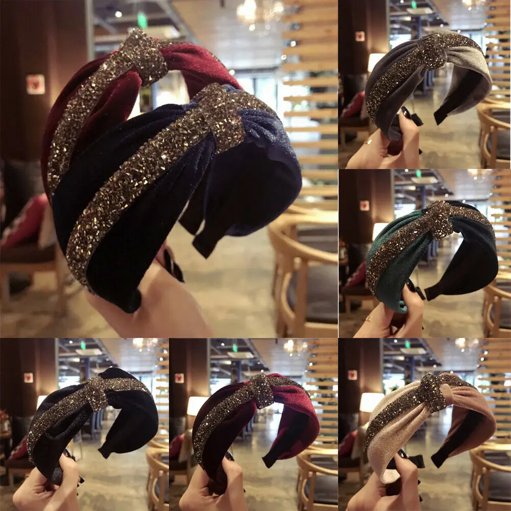 

2019 New Style Patchwork Women Diamond Hairband Stripe Cross Bow Tie Wide Cloth Hairband Hair Accessories
