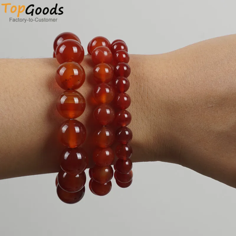 

TopGoods Natural Red Agate Beaded Bracelet Women Jewelry 8/10/12mm Pulseira Masculina Stretch Carnelian Bracelet For Men