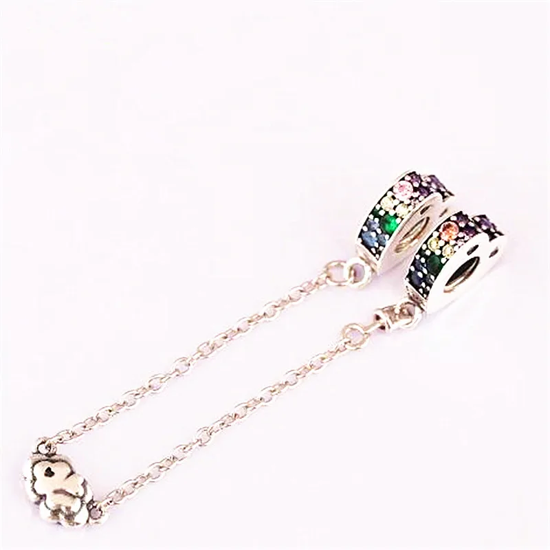 

2018 New Bracelet Safety Chain, Sterling Silver Charm 925 Sterling Silver CZ Charm Heart-shaped Rainbow Safety Chain,