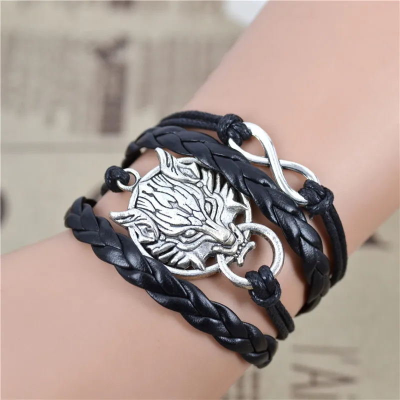 Fashion Infinity Bangles Bracelets Wolf Charm Black Weave Leather Bracelet Courage Bracelet for Women Accessories Fine Jewelry 