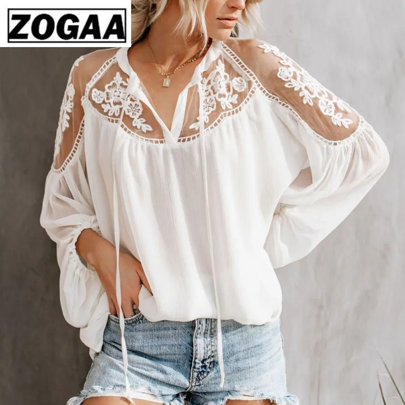 

Ladies Boho Mesh Lace Hook Flower Lantern Sleeve Loose Short Chiffon Blouse Shirts Women Fashion Long Sleeve Casual Blouses Tops