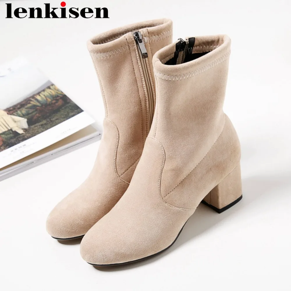 

Lenkisen new design solid young lady flock zipper round tow high thick heels zipper european designer party mid-calf boots L21