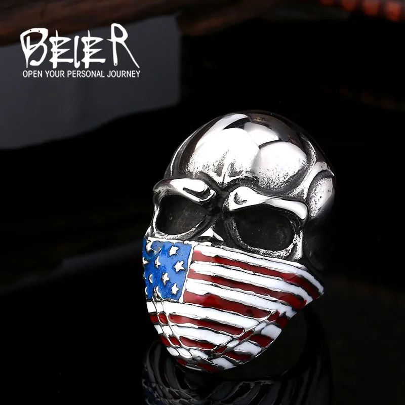 Image Beier new store high quality American flag mask ring fashion biker heavy skull 316L Stainless Steel ring   BR8 283