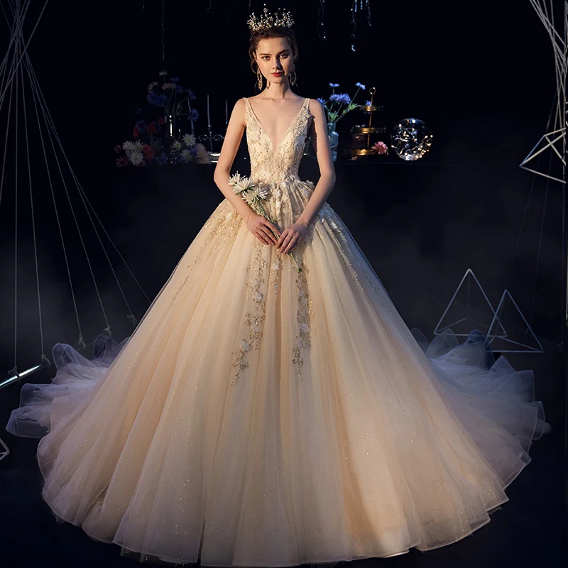 Свадебные платья Robe Mariee Princesse вышивка аппликация узоры платье невесты глубокий v-образный вырез роскошное свадебное платье TS845