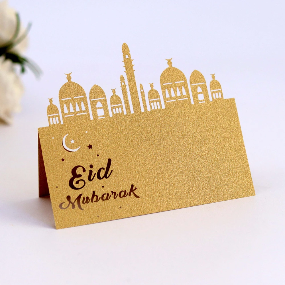 

10pcs Eid Mubarak Party Seat Card Laser Hollow Festival Card Gold Bronze Place Cards Happy Eid Ramadan Kareem Muslim Party Decor