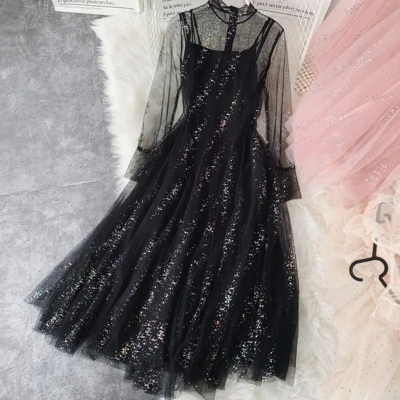 

2PCS Women Spring Autumn Long Sleeve A-line Sequined Tulle Dress Vintage Slim High Waist Mesh Gauze Voile Pullover Lace Dresses