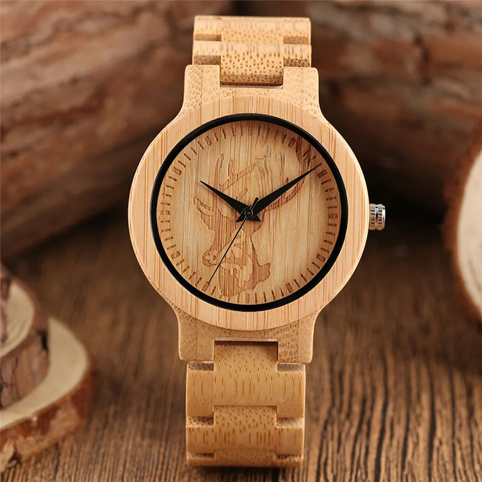 Creative Deer Head Full Wooden Watch Fashion Bamboo Men Handmade Analog Nature Wood Fold Clasp Wrist Watch  (6)