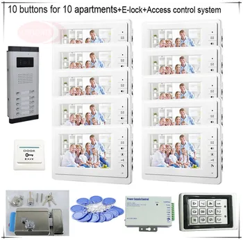 

10 Buttons Color Video Door Phones Intercom Systems 10 LCD Security Doorbell for 10 Apartments +Access Control System+E-lock