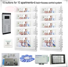 10 Buttons Color Video Door Phones Intercom Systems 10 LCD Security Doorbell for 10 Apartments +Access Control System+E-lock