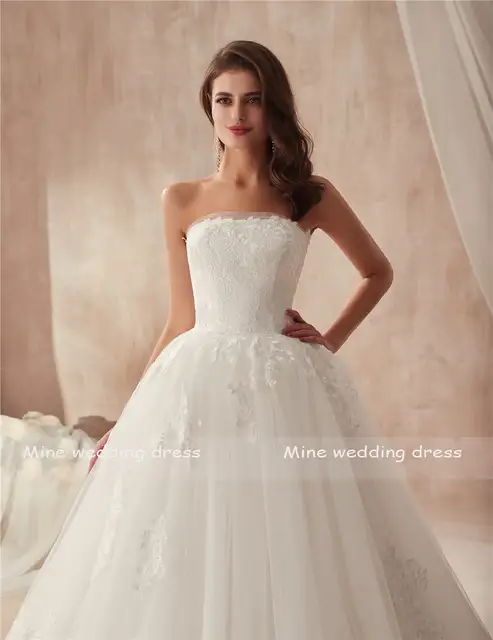 Pretty Organza Strapless Ball Gowns Wedding Dress Lace Applique