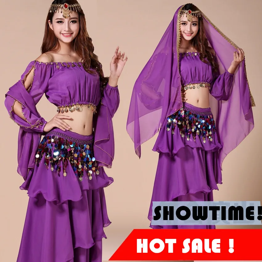 

Bellydance 4 Colors New Sexy Belly Dance Costume Set 5pcs (top+skirt+belt+veil+headwear) Bollywood Indian Costumes Wear