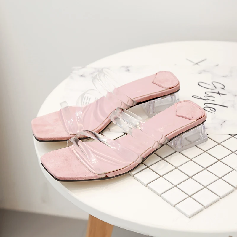 

New Summer Transparent Narrow Band Slippers Women Clear Crystal Square Heel Open Toe Slip On Mules Shoes Woman Mid Heeled Slides