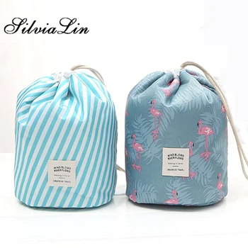 

Fashion Barrel Shaped Travel Cosmetic Bag Drawstring Makeup Bag Elegant Drum Wash Kit Make Up Bag Organizer Storage Beauty Bags