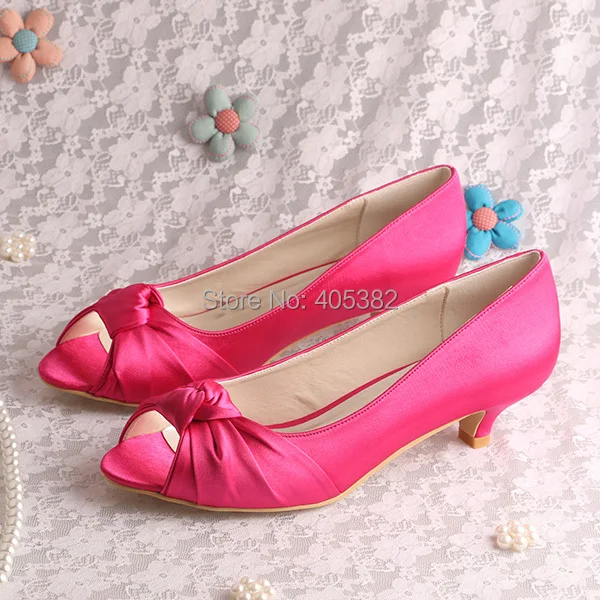 Customized Low Heel Open Toe Satin Bow Heels Bridal Shoes Pumps