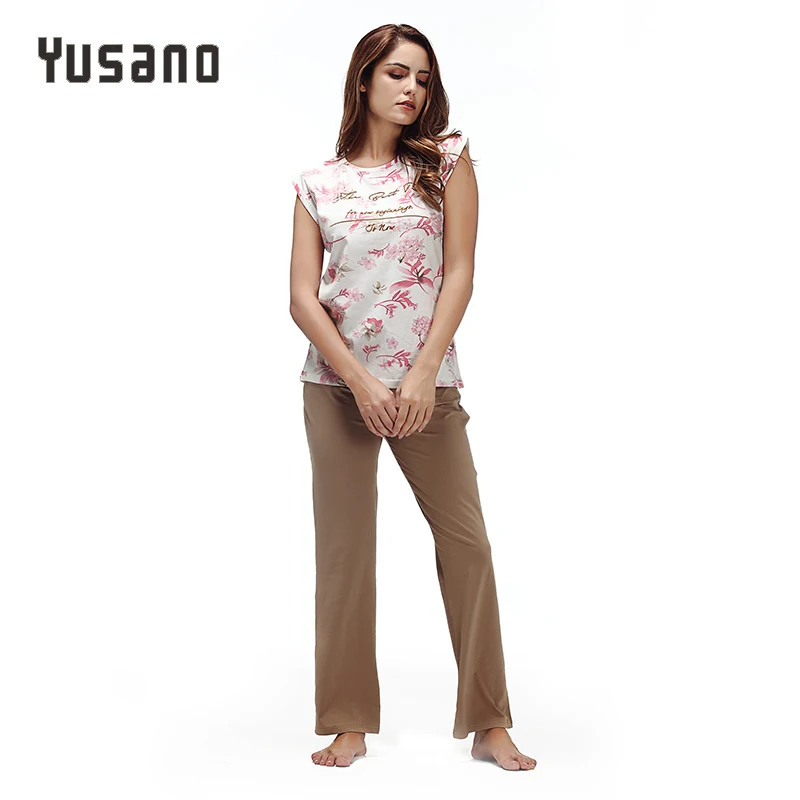 Yusano Cotton Pajamas Women Floral O neck Sleepwear for Girl Sleeveless Top& Long Pants Soft Pijama Feminino Inverno