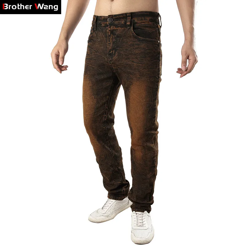 

2019 New Men's Retro Slim Jeans Fashion Personality Elastic Brown Biker Jean Trousers Male Brand Pants