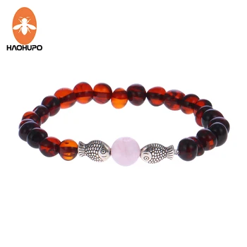

HAOHUPO Natural Amber Bracelets with Rose Quartz for Women Baltic Amber Fish Baby Jewelry Adult Gifts Elastic String Pulseras