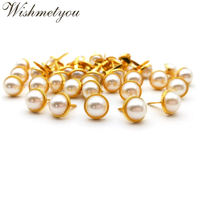 

WISHMETYOU 50pcs 12.5mm Gold Color Metal Brads Big White Pearl Brads Decor Handmade Embellishment Diy Photo Album Frame Crafts