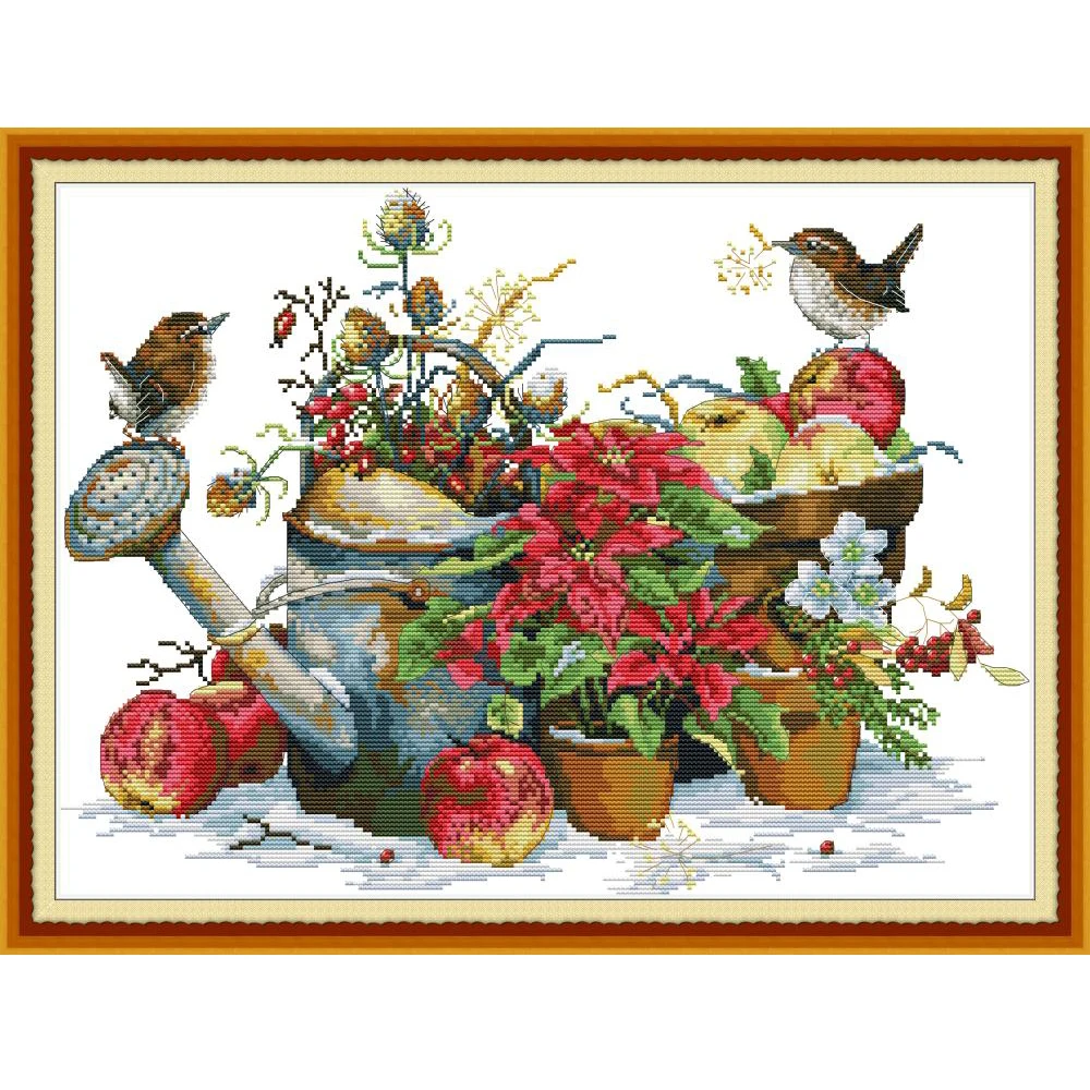 

NKF Flower Pot and Birds Counted Animal Cross Stitch Patterns 11CT 14CT Chinese Cross Stitch Kits for Embroidery Home Decor
