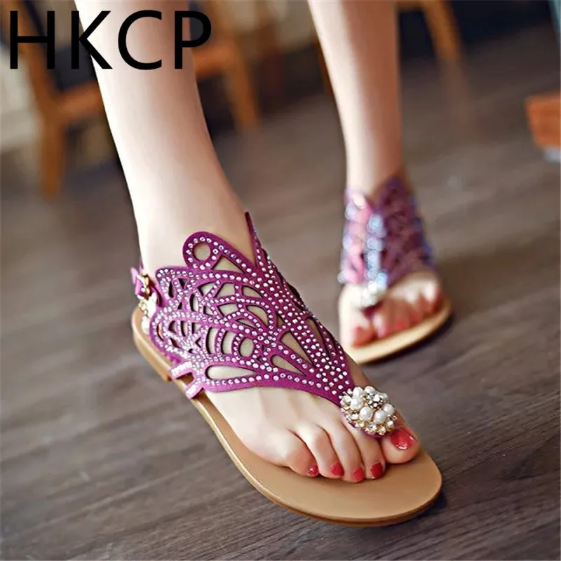 

HKCP Fashion Clip-on sandals women's summer 2019 new casual flats fashion hollow beaded water drill sandals C238