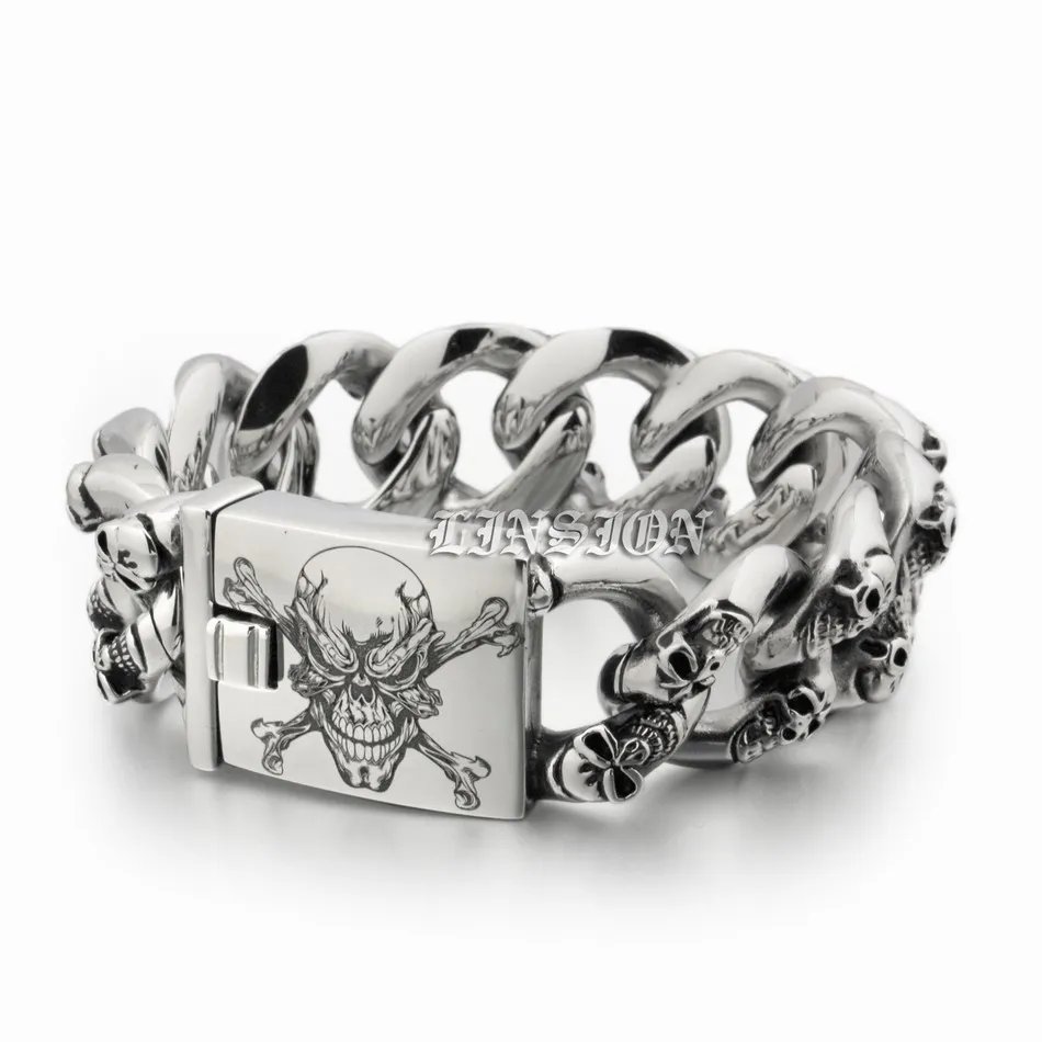 

Deep Laser Engraved Pirate Skulls Huge Heavy 316L Stainless Steel Mens Boys Biker Rock Punk Bracelet 5F105