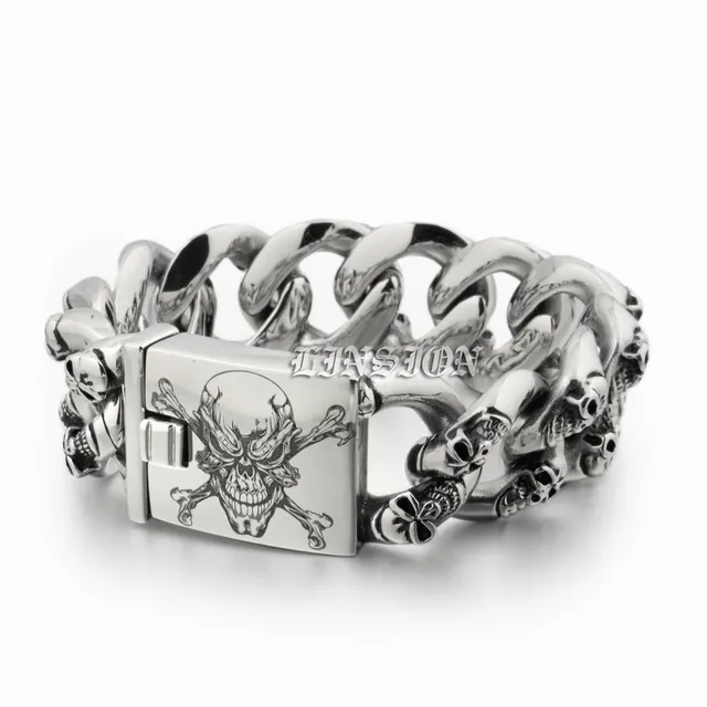 Deep Laser Engraved Pirate Skulls Huge Heavy 316l Stainless Steel Deep Laser Engraved Pirate Skulls Huge Heavy 316l Stainless Steel Mens Boys Biker Rock Punk Bracelet
