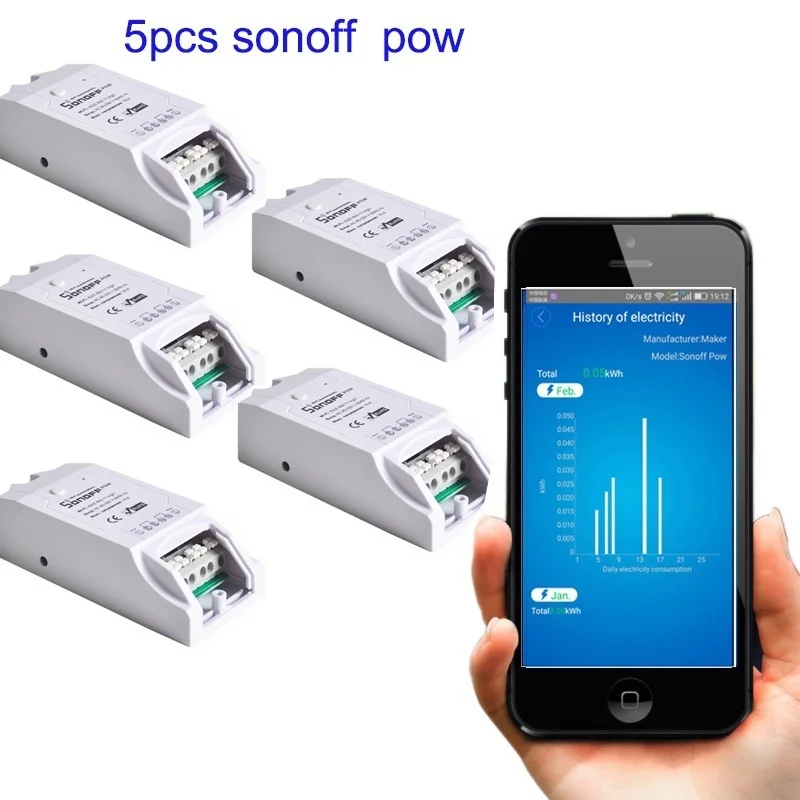 

5pcs/lot Sonoff Pow Wireless WiFi Switch With timer Consumption Measurement For smart home automation 16A/3500W monitor power